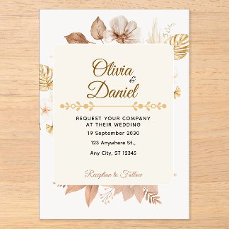 Invitaciones Acrílicas Boda Rústica Bohemiana Floral Seca Crema