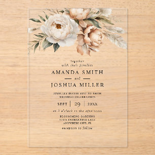 Invitaciones Acrílicas Boda Rústica Boho con Flores Secas y Hierba de Pam