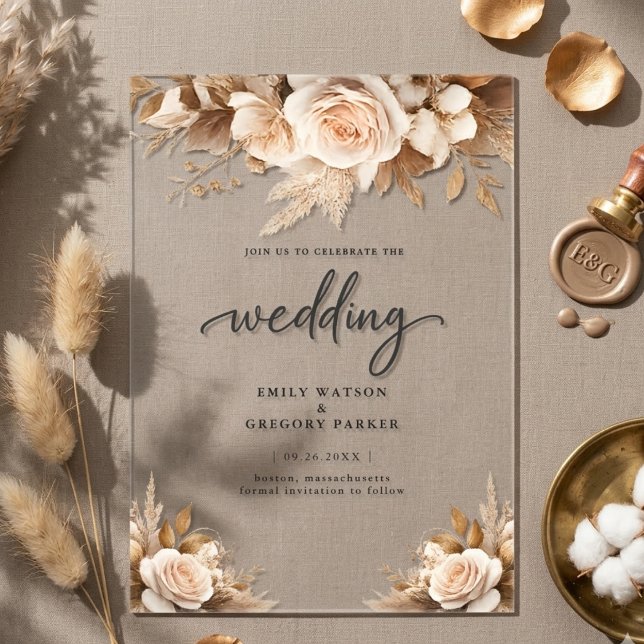 Invitaciones Acrílicas Boda Rústica Chic Boho con Flores Rosadas (Subido por el creador)