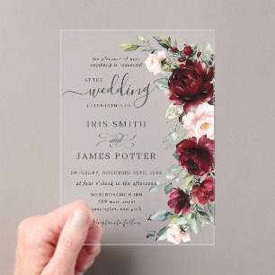 Invitaciones Acrílicas Boda Rústica Chic Rosa Floral Burdeos