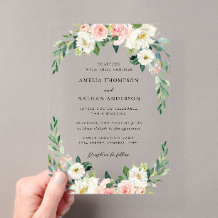 Invitaciones Acrílicas Boda Rústica con Arco Floral Rosado