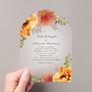Invitaciones Acrílicas Boda Rústica de Floral Otoñal Naranja Quemada