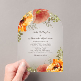 Invitaciones Acrílicas Boda Rústica de Floral Otoñal Naranja Quemada