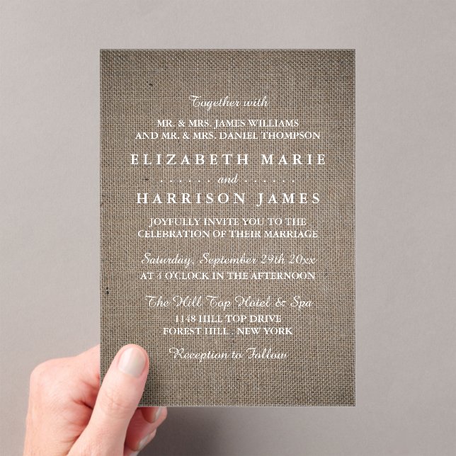 Invitaciones Acrílicas Boda Rústica en Arpillera (Insitu (portátil))