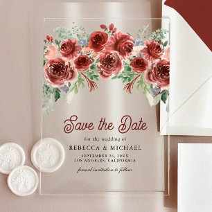 Invitaciones Acrílicas Boda Rústica Floral Marsala Ahorra la Fecha