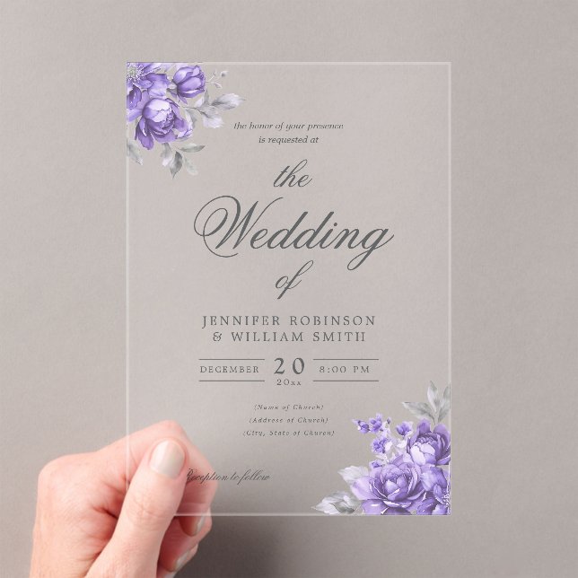 Invitaciones Acrílicas Boda Rústica Floral Morada Script Elegante  (Insitu (portátil))