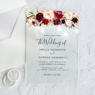 Invitaciones Acrílicas Boda Rústico Burgundy Floral Lights