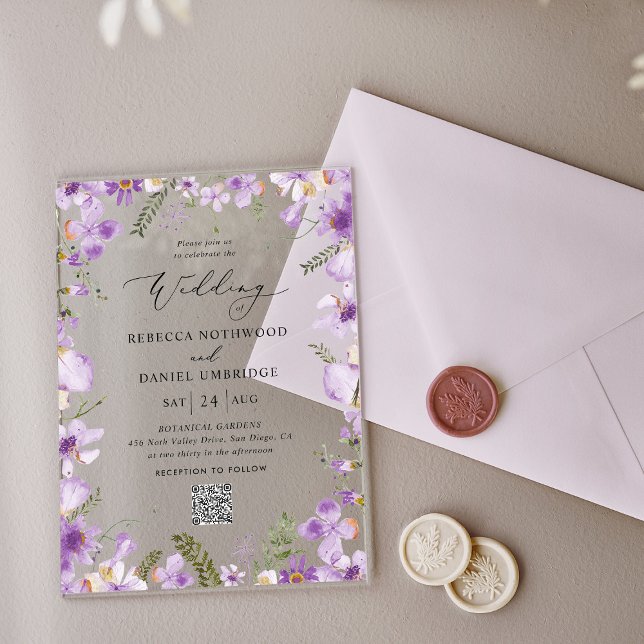 Invitaciones Acrílicas Boda Rústico de Flores Púrpura del Código QR (Subido por el creador)
