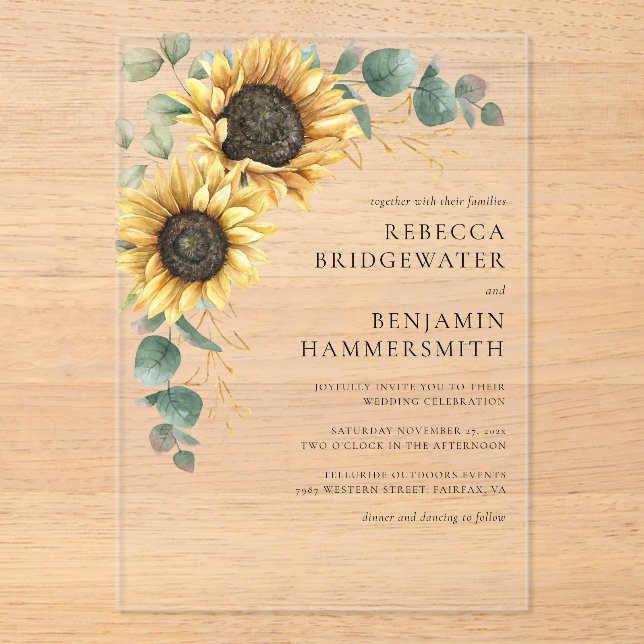 Invitaciones Acrílicas Boda Rústico de girasoles y eucalipto (Anverso)