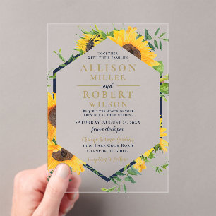 Invitaciones Acrílicas Boda Rústico de Sunflower Azul de la Marina de col