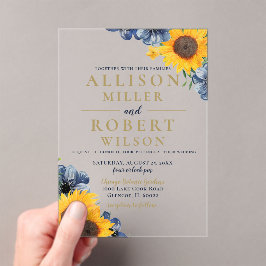 Invitaciones Acrílicas Boda Rústico de Sunflower Azul de la Marina de col