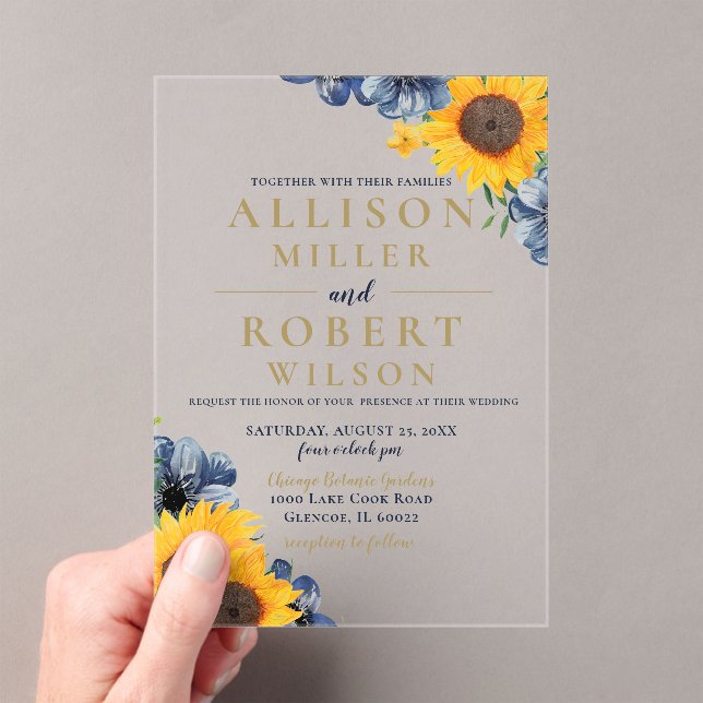 Invitaciones Acrílicas Boda Rústico de Sunflower Azul de la Marina de col (Insitu (portátil))