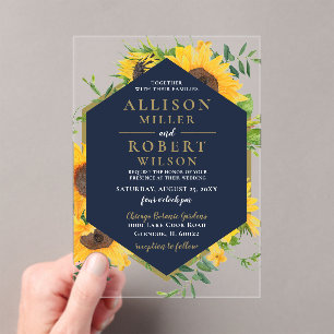 Invitaciones Acrílicas Boda Rústico de Sunflower Azul de la Marina de col