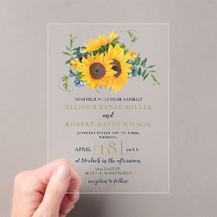 Invitaciones Acrílicas Boda Rústico de Sunflower Azul de la Marina de col