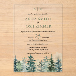 Invitaciones Acrílicas Boda Rústico del bosque acuático de pinos
