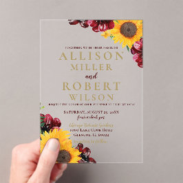 Invitaciones Acrílicas Boda Rústico del Girasol de Borgoña