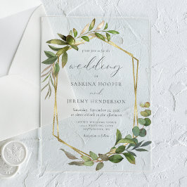 Invitaciones Acrílicas Boda Rústico del marco dorado del eucalipto de oli