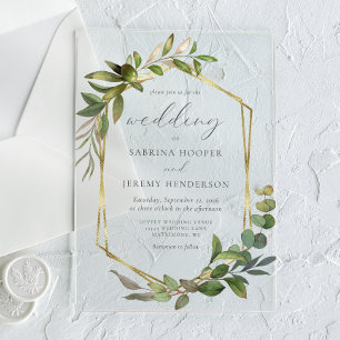 Invitaciones Acrílicas Boda Rústico del marco dorado del eucalipto de oli