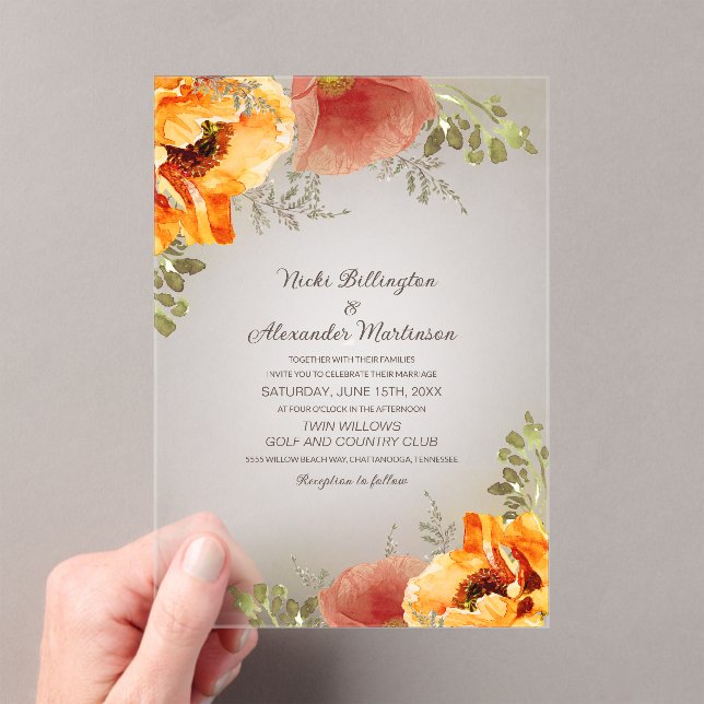 Invitaciones Acrílicas Boda Rústico del Naranja floral de otoño (Insitu (portátil))