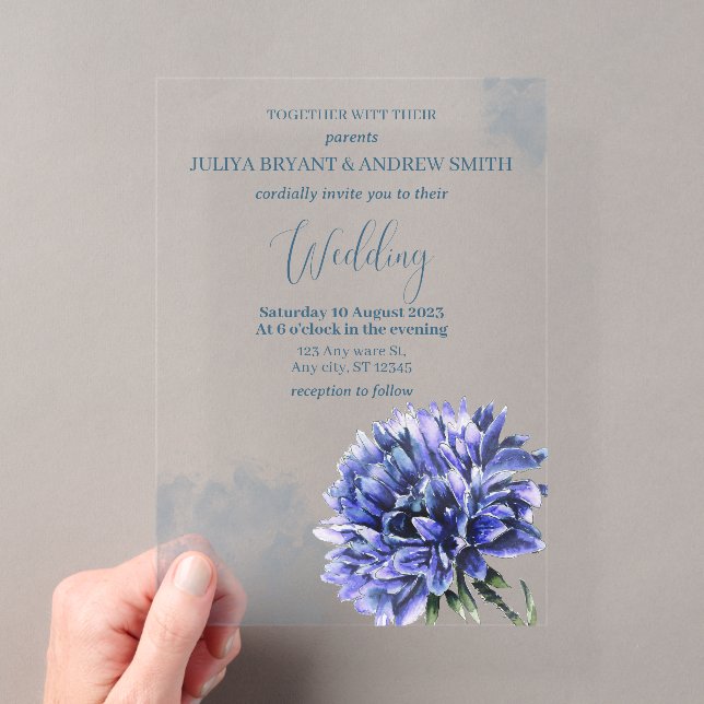 Invitaciones Acrílicas Boda sencilla de aciano  (Insitu (portátil))