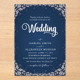 Invitaciones Acrílicas Boda Sencilla Flores Florales Azul Marino