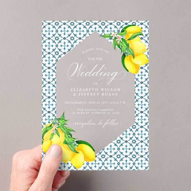 Invitaciones Acrílicas Boda Siciliano Blue Tiles Summer Lemon Boho (Insitu (portátil))