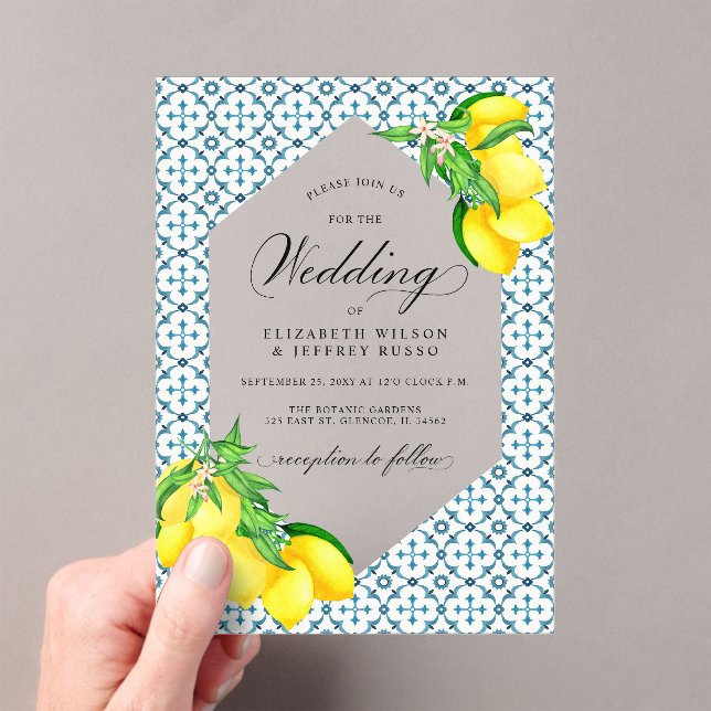 Invitaciones Acrílicas Boda Siciliano Blue Tiles Summer Lemon Boho (Insitu (portátil))