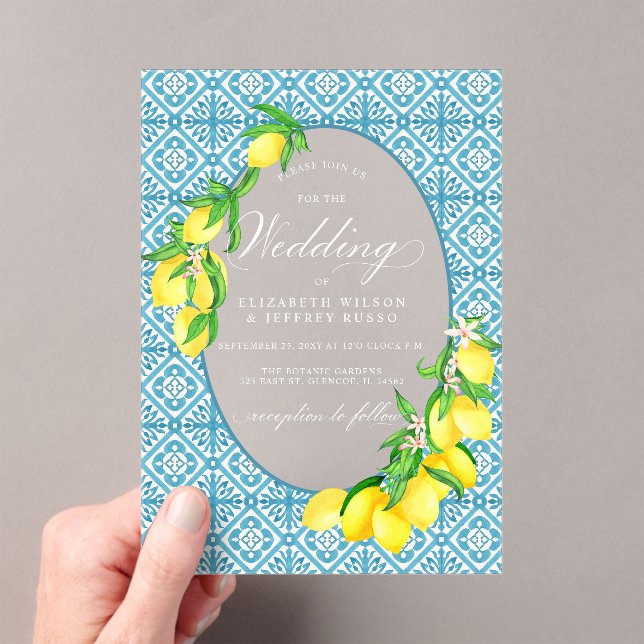 Invitaciones Acrílicas Boda Siciliano Blue Tiles Summer Lemon Boho (Insitu (portátil))