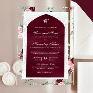 Invitaciones Acrílicas Boda Sij Punjabi Anand Karaj Floral Borgoña