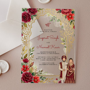Invitaciones Acrílicas Boda Sij Roja Floral Dorada Arco