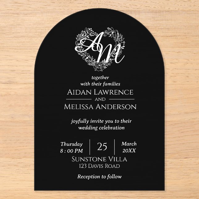 Invitaciones Acrílicas Boda simple de arco blanco y negro (Anverso)