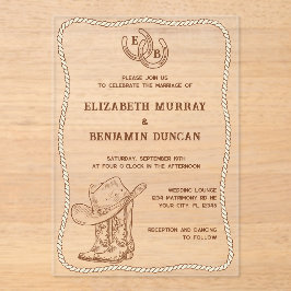 Invitaciones Acrílicas Boda Simple de Granero con Monograma de Herradura 