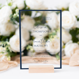 Invitaciones Acrílicas Boda Simple de Letra Blanca con Borde Azul Marino