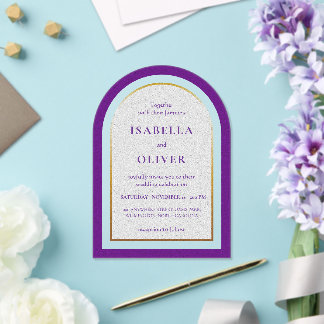 Invitaciones Acrílicas Boda simple de oro púrpura y blanco