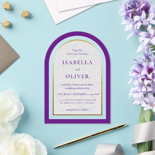 Invitaciones Acrílicas Boda simple de oro púrpura y blanco (Insitu (Boda))