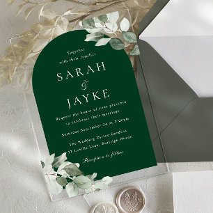 Invitaciones Acrílicas Boda Simple Moderna Hoja Verde Esmeralda