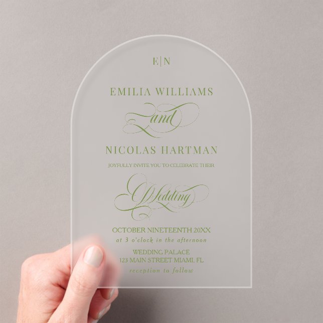 Invitaciones Acrílicas Boda Simple Monograma Verde (Insitu (portátil))