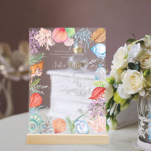 Invitaciones Acrílicas Boda Simple Playa Océano Azul Concha