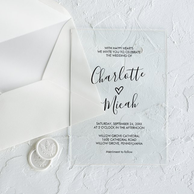 Invitaciones Acrílicas Boda simple romántico moderno de corazón dibujado  (Hand Drawn Heart Romantic Modern Simple Wedding Acrylic Invitations)