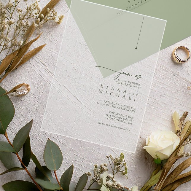 Invitaciones Acrílicas Boda Simplemente Chic Musgo Verde Transparente ID1 (Subido por el creador)