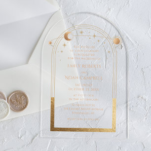 Invitaciones Acrílicas Boda Sol Luna Estrellas Celestiales de Oro