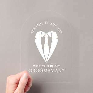 Invitaciones Acrílicas Boda Suit y Tie Groomsman Propuesta