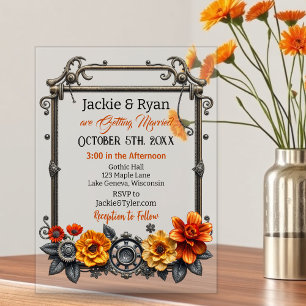 Invitaciones Acrílicas Boda temática de engranajes y flores de vapor