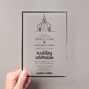 Invitaciones Acrílicas Boda tradicional capilla caprichosa dibujada a man