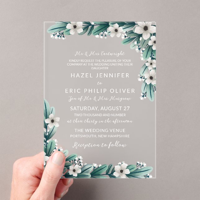 Invitaciones Acrílicas Boda tradicional de la vegetación Verde azulada de (Insitu (portátil))