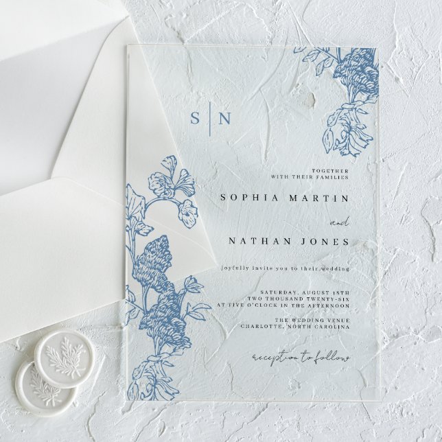 Invitaciones Acrílicas Boda transparente de encaje floral azul (Subido por el creador)