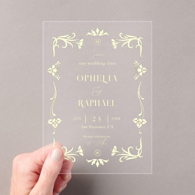 Invitaciones Acrílicas Boda transparente de estilo Art Nouveau de oro sal (Insitu (portátil))
