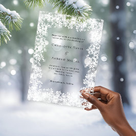 Invitaciones Acrílicas Boda transparente de invierno con copos de nieve