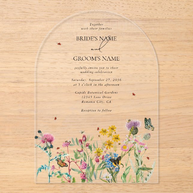 Invitaciones Acrílicas Boda transparente del jardín de flores silvestres  (Anverso)