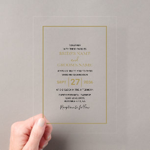 Invitaciones Acrílicas Boda Transparente Minimalista Simple de Oro Claro